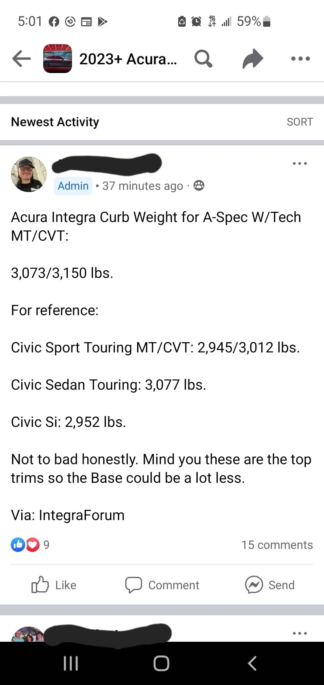 Acura Integra Curb Weight of Integra A-Spec w/ Tech: 3,073 lbs (manual) and 3,150 lbs (CVT)! [OFFICIALLY CONFIRMED] Screenshot_20220512-170153_Facebook