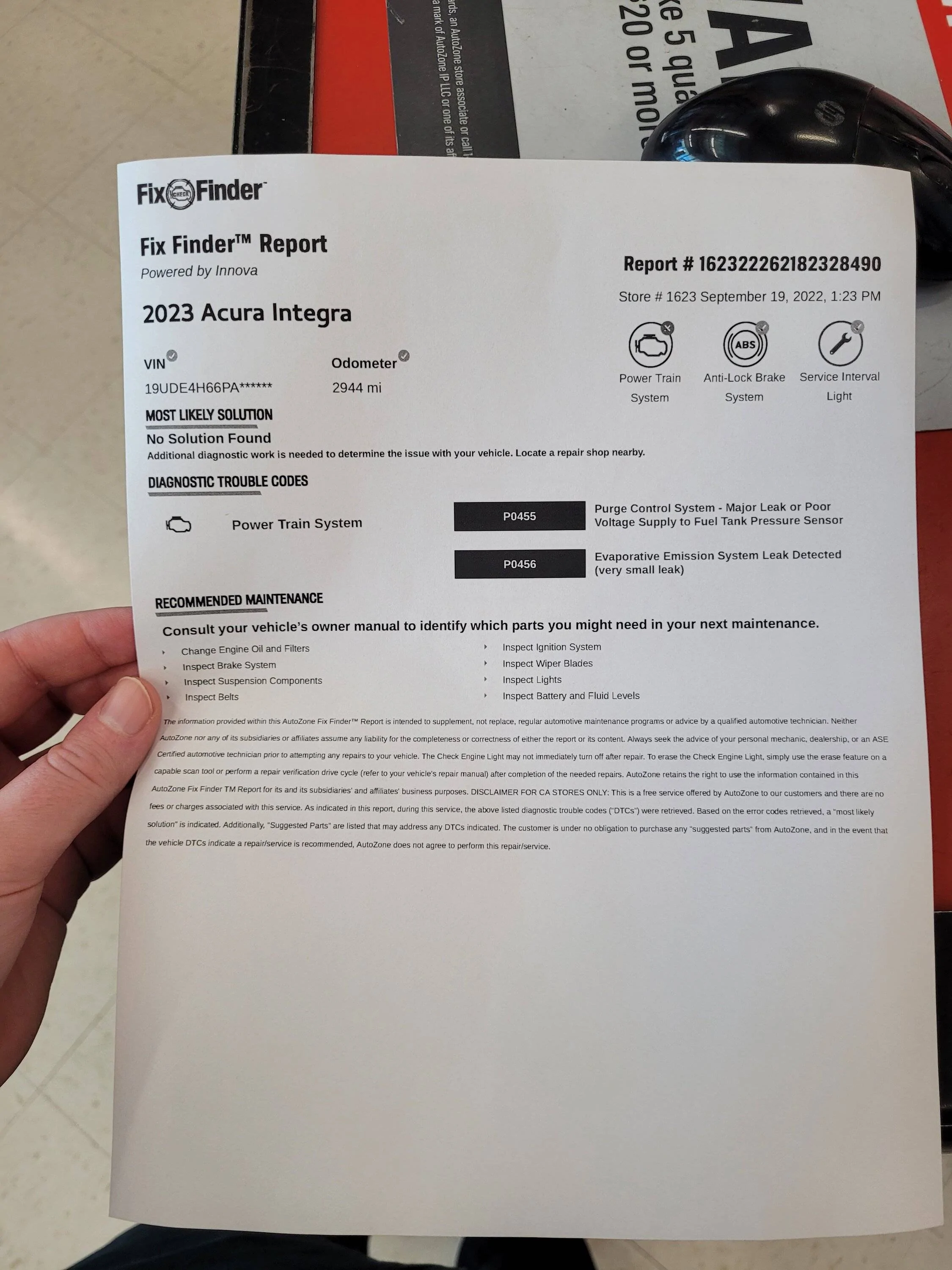 Acura Integra Integra Emissions System Problem Check Engine Light Report 9.19.2022