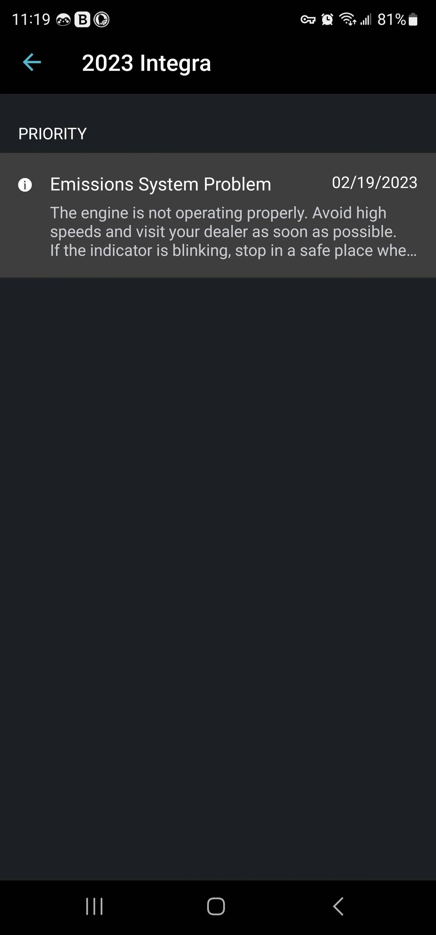 Acura Integra Integra Emissions System Problem Screenshot_20230219_231923_AcuraLink