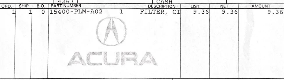 Acura Integra Oil Filter Part Number 1680756889011