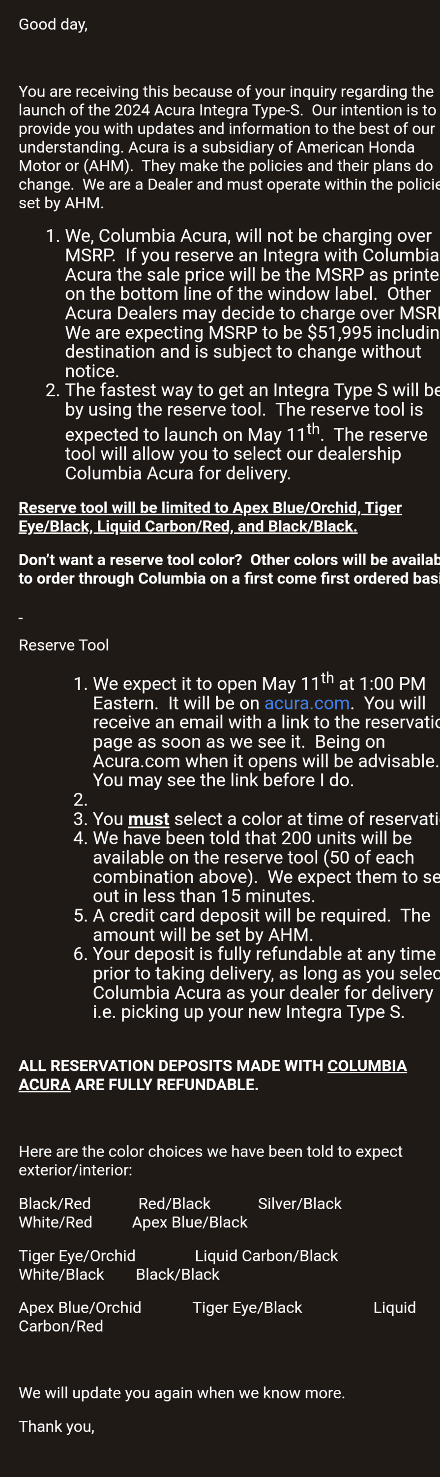 Acura Integra List of Honest Acura Dealerships For Type S (MSRP vs Markup List -- Integra Type S) Screenshot_20230504-103344
