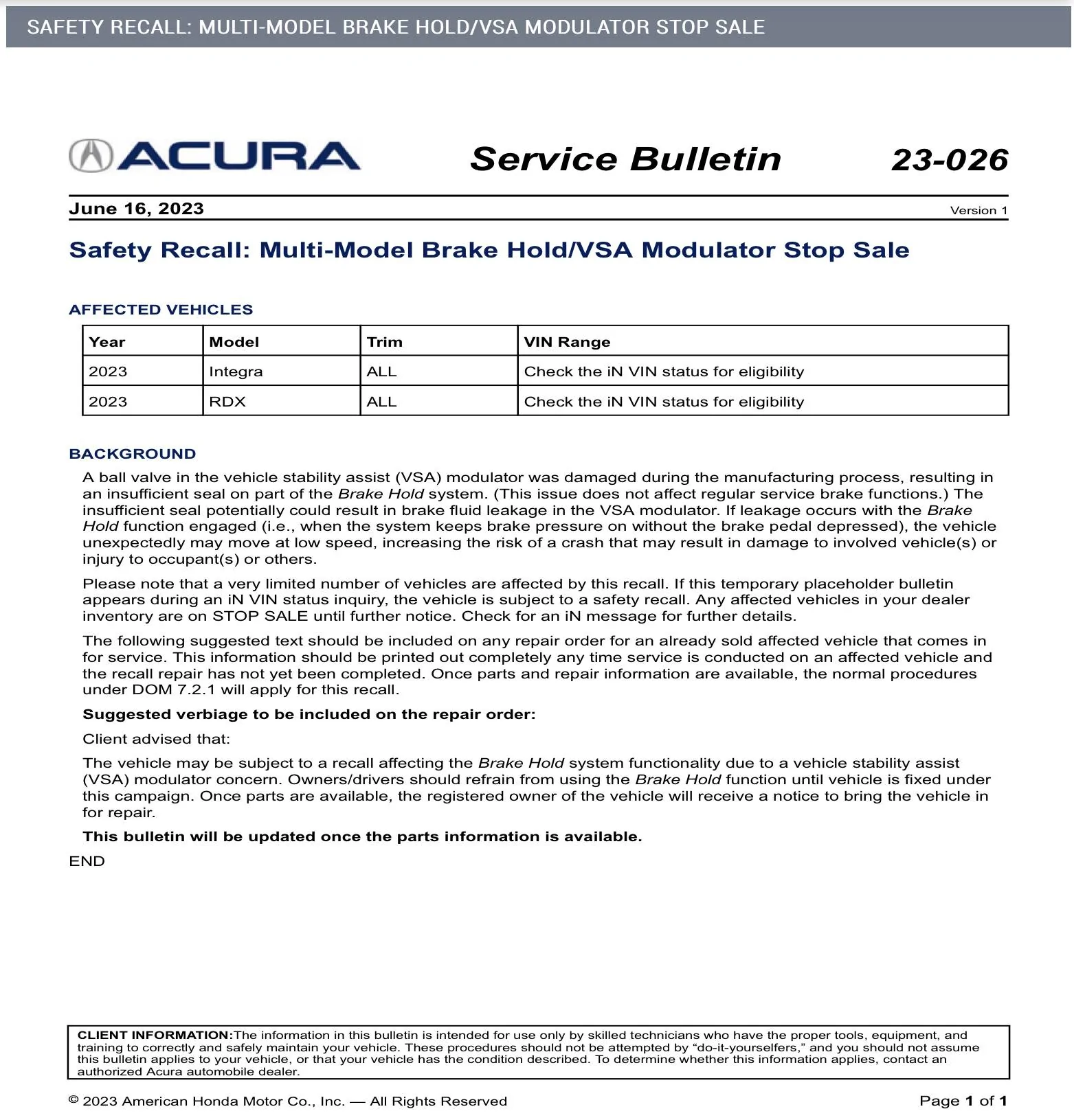 Acura Integra SAFETY RECALL: MULTI-MODEL BRAKE HOLD/VSA MODULATOR STOP SALE EFAF15DD-17B0-4267-96CE-0C5A49FFEECF