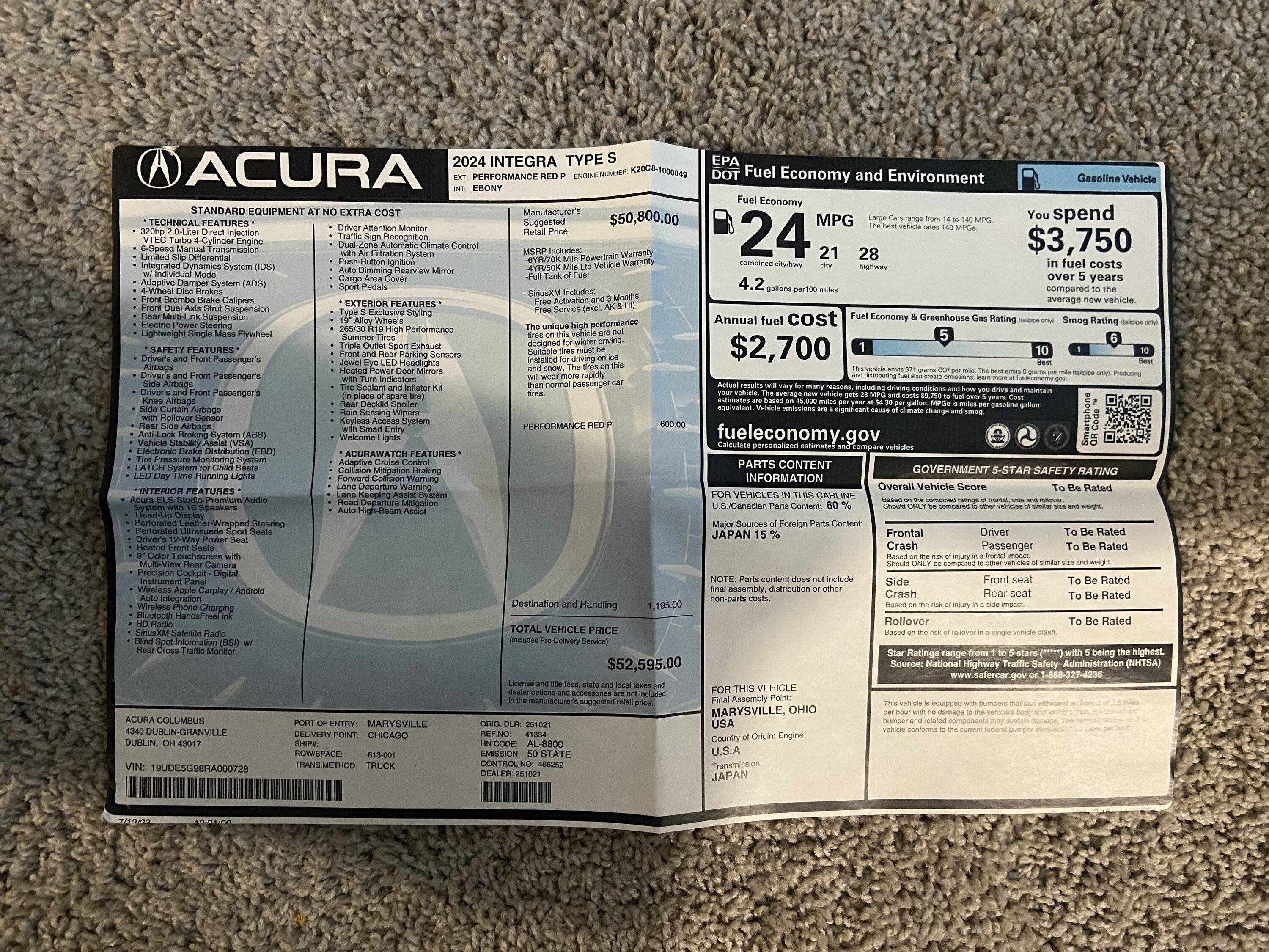 Acura Integra 2024 Acura Integra Type S / 5k miles/ Performance Red Pearl IMG_6109