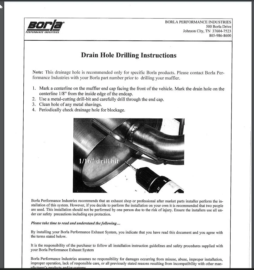 Acura Integra Winter Storage borla drain hol