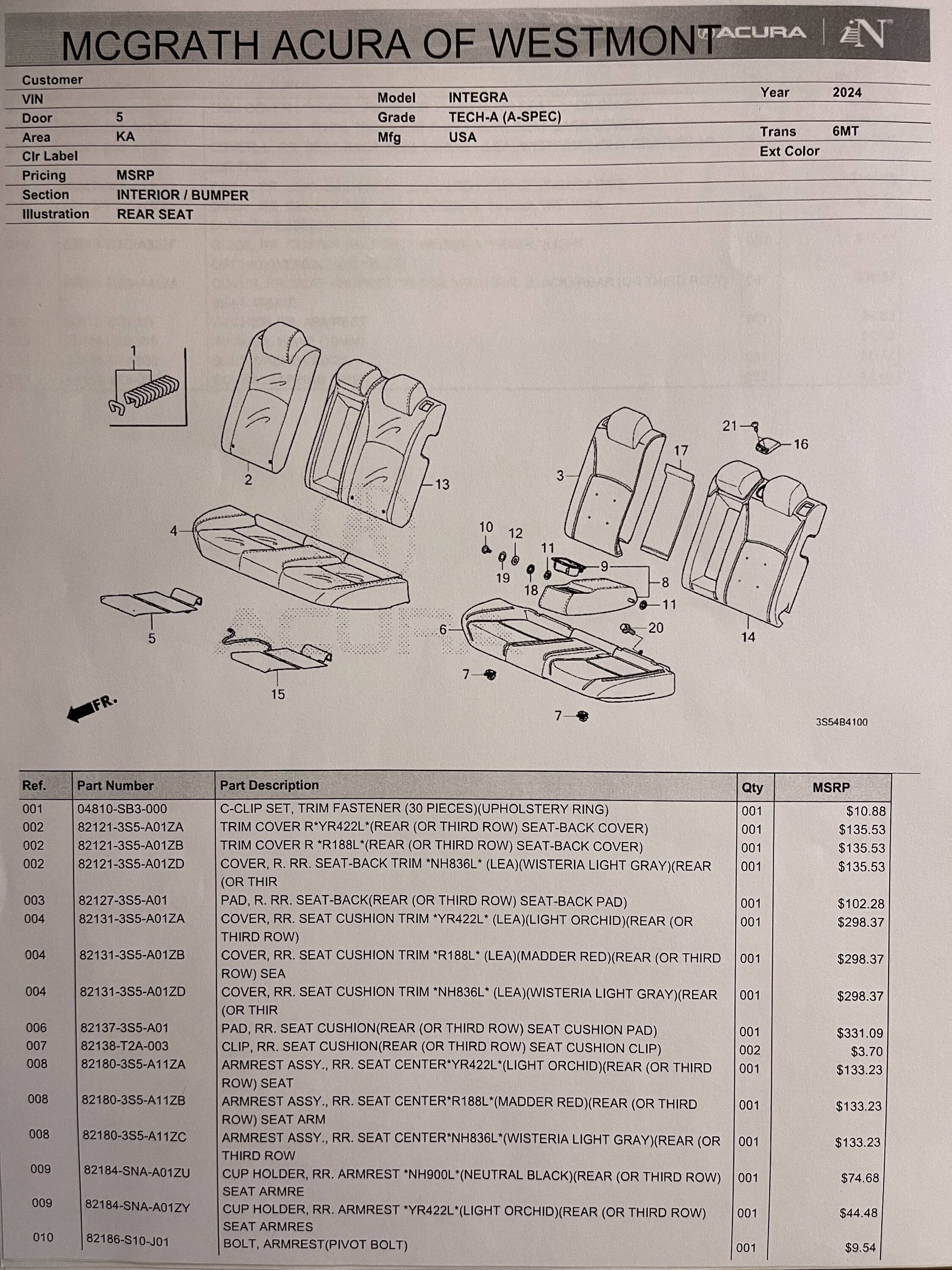 Acura Integra Rear seat swap between A-Spec and Type-S? A-Spec Rear Seat Parts List 1