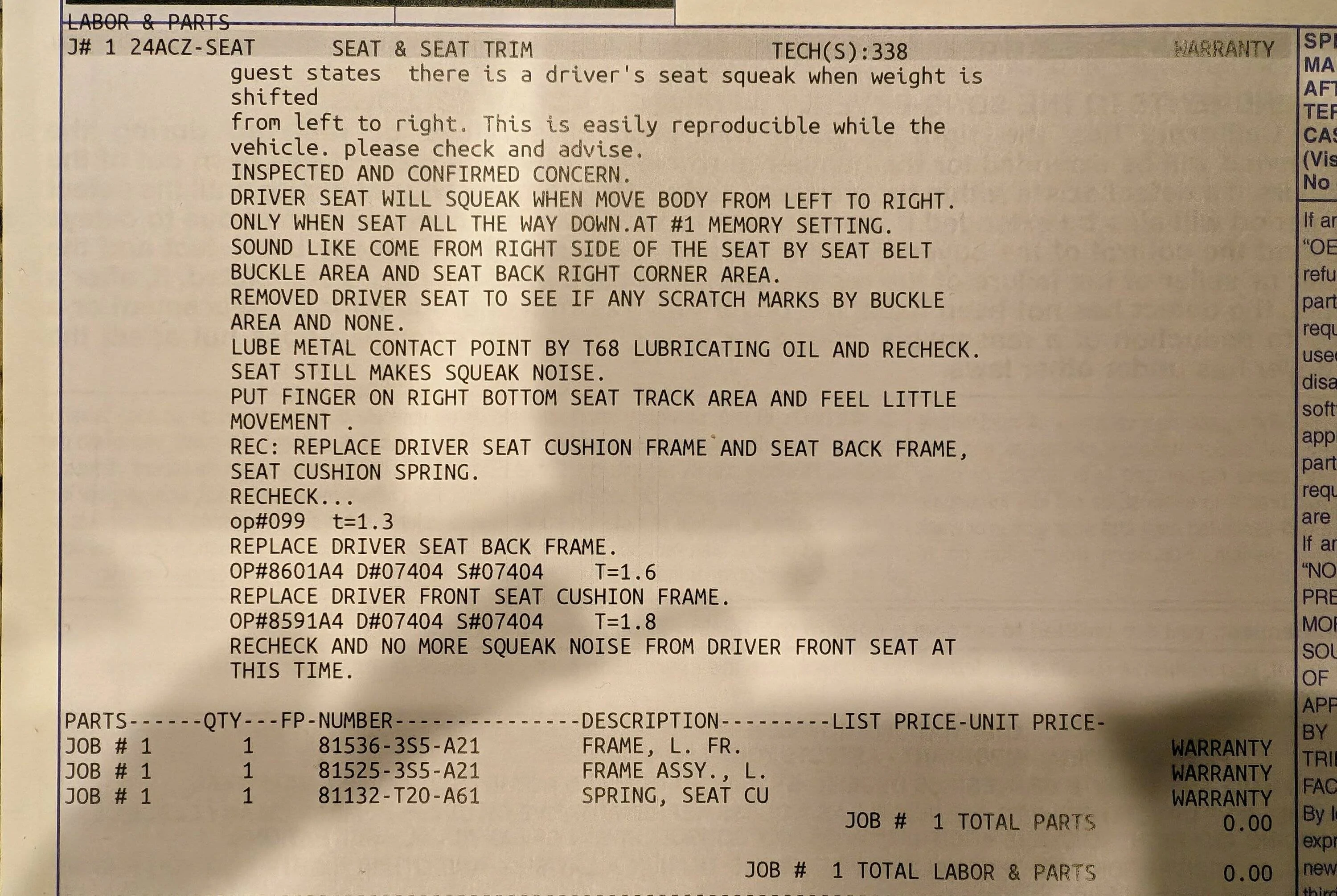 Acura Integra Squeaky / creak noise from driver seat? integraSeatWarranty