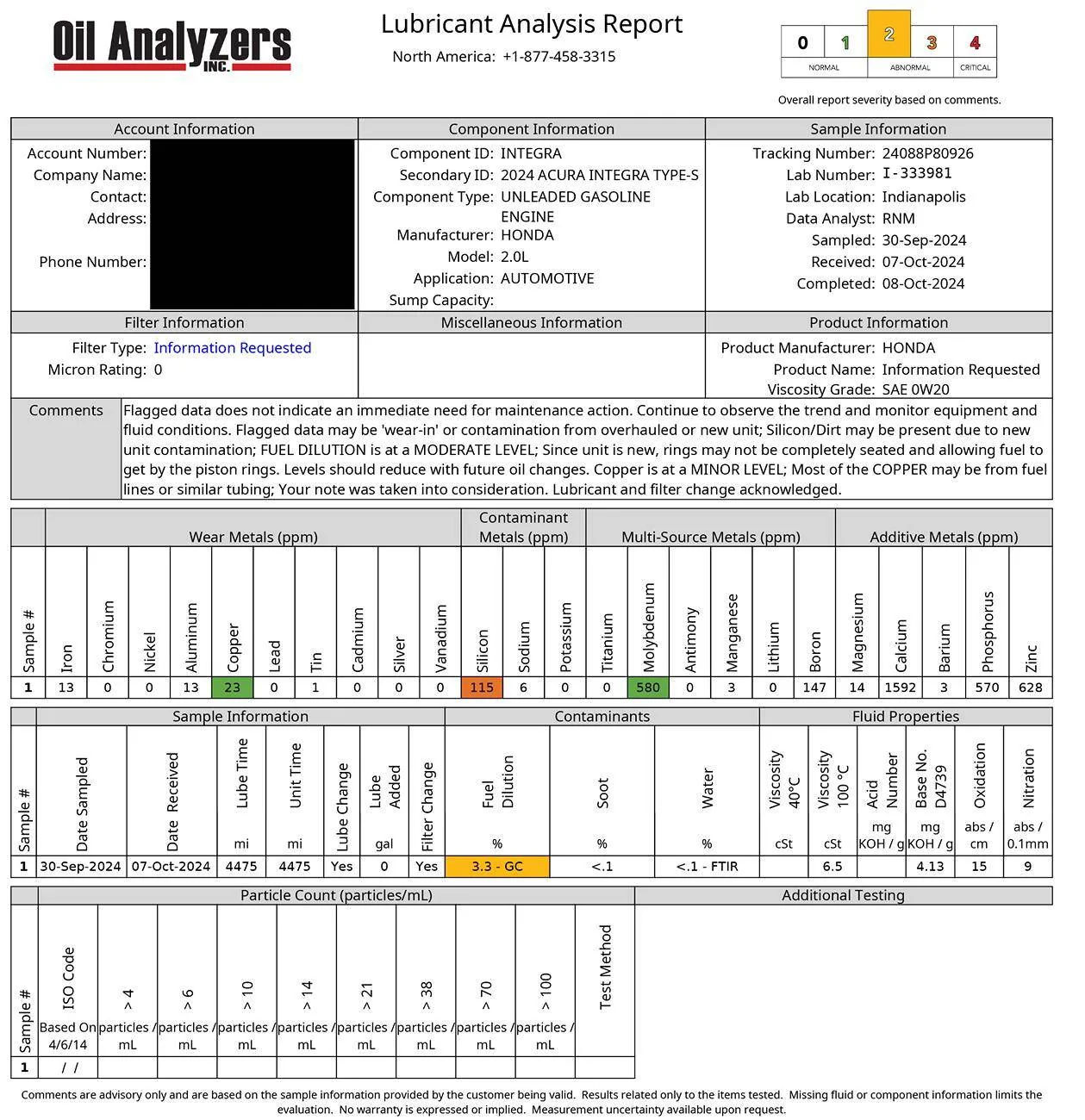 Acura Integra First Oil Change @ 4775mi - Oil Analyzers Inc. Used Oil Anaysis Report I333981-OILANA75035097