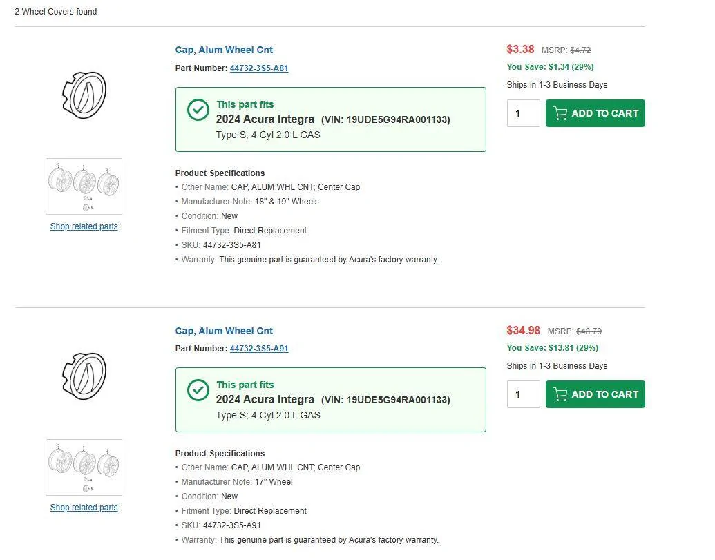 Acura Integra Type S center wheel cap SKU 1733326559390-o