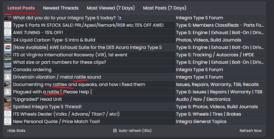 Acura Integra 3 of the most recent posts are about rattles. Screenshot 2025-03-11 084031