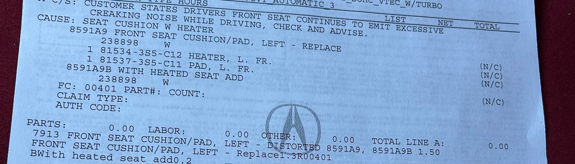 Acura Integra Does anyone else have annoying squeaking seat?  (vid) updated 6/16/25 IMG_5049