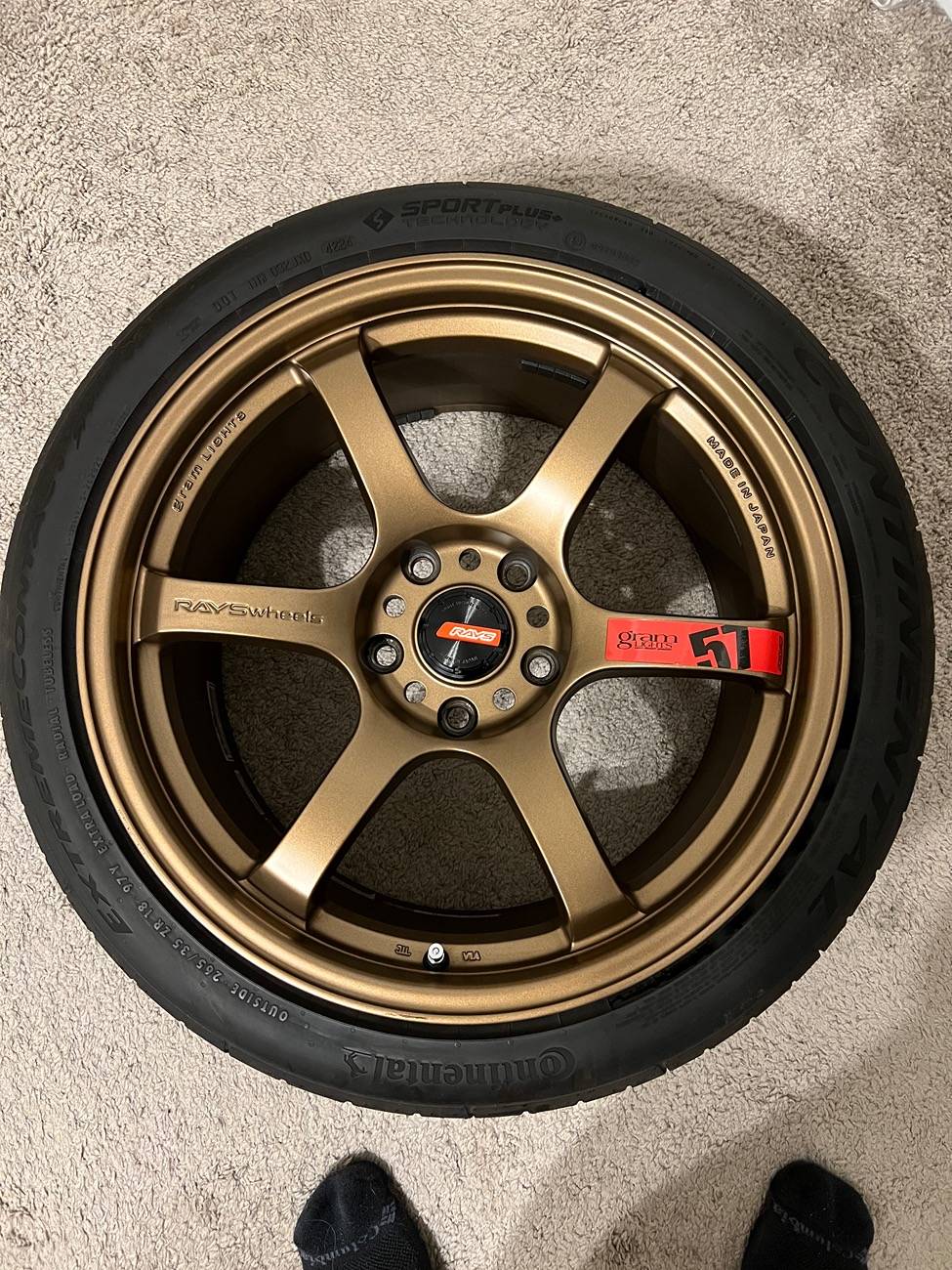 Acura Integra 5x120 RAYS Gramlights 57DR 18x9.5 +38 with tires and lugnuts for sale IMG_7112