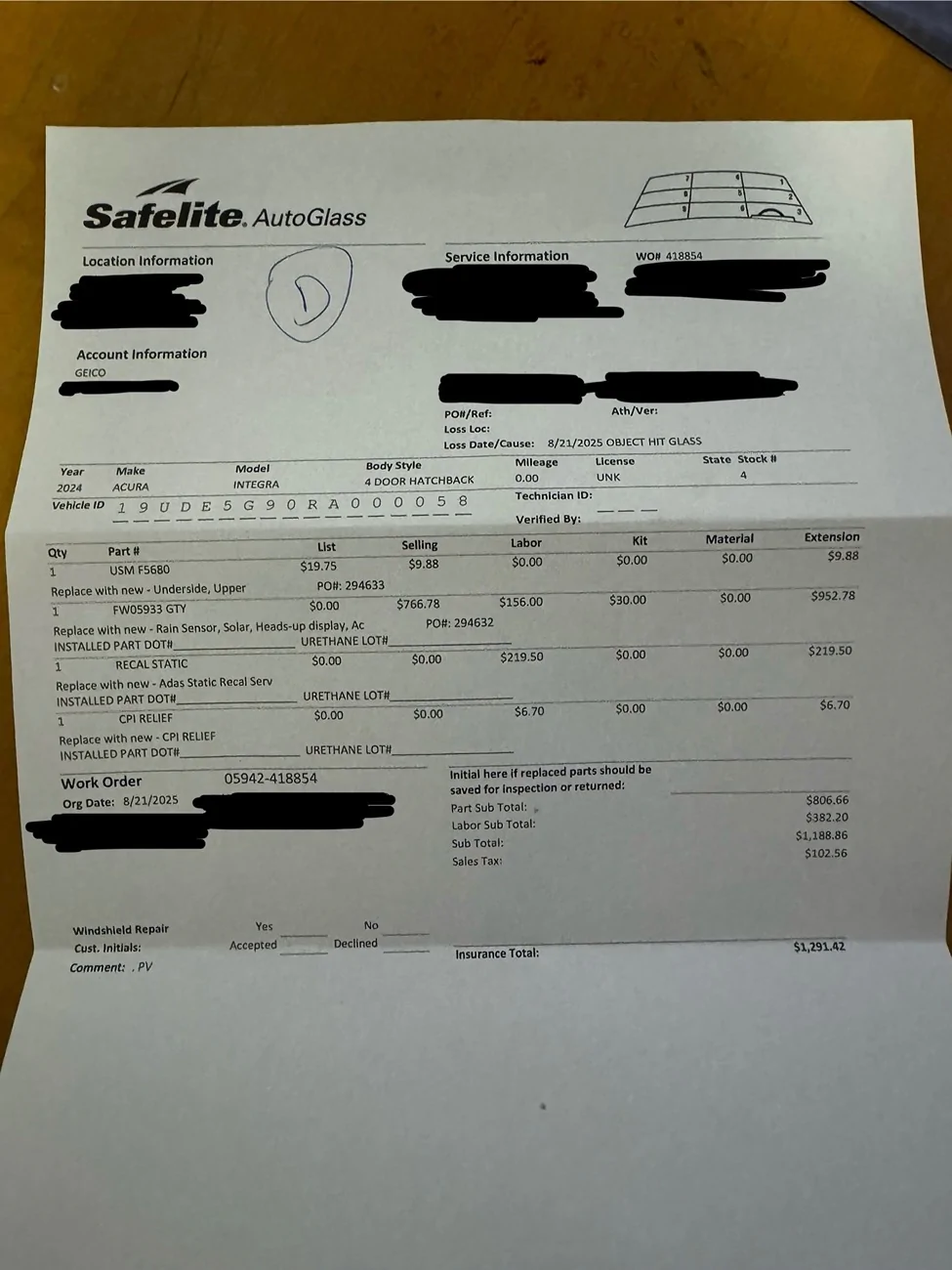 Acura Integra Windshield replacement is very expensive. IMG_1916